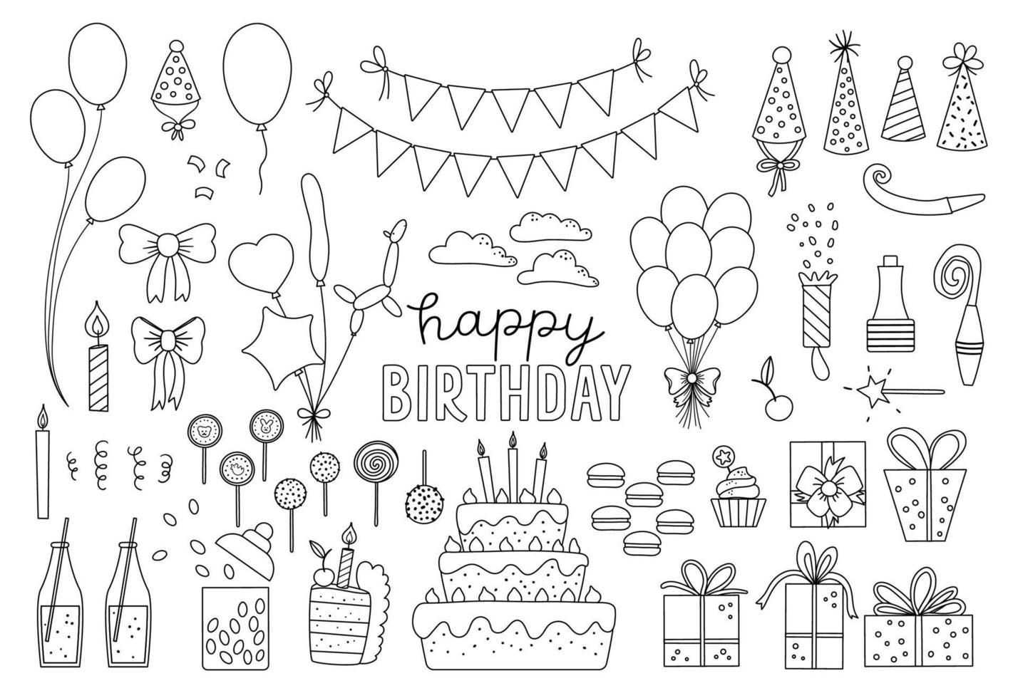 set di simpatici elementi di design di compleanno in bianco e nero. raccolta di clipart di festa. pacchetto vacanze contorno vettoriale con regali, torta con candele, palloncini, bandiere. icone della linea di buon anniversario