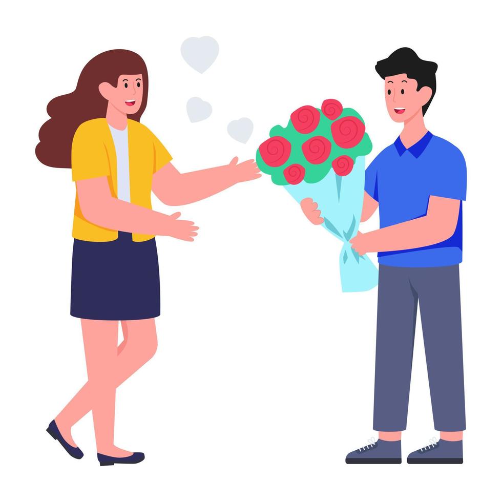 una bella coppia che esprime amore regalando un bouquet vettore