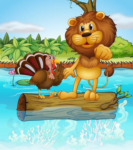 Un tacchino e un leone sopra un tronco galleggiante vettore