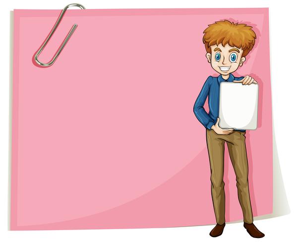 Un ragazzo che tiene un contrassegno vuoto che si leva in piedi davanti ad un documento vuoto vettore