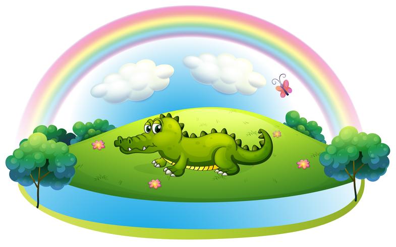 Un alligatore in collina con un arcobaleno vettore