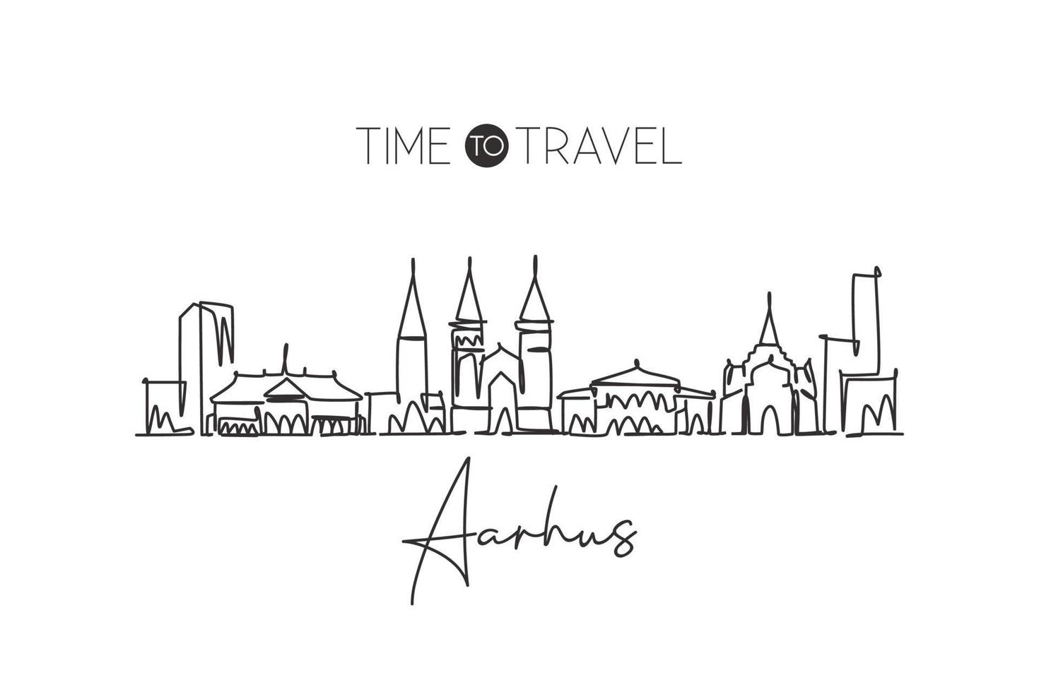 una linea continua che disegna lo skyline della città di aarhus, danimarca. bella stampa di poster per la decorazione della parete di casa. vacanza di viaggio del turismo paesaggistico mondiale. elegante illustrazione vettoriale di disegno a linea singola