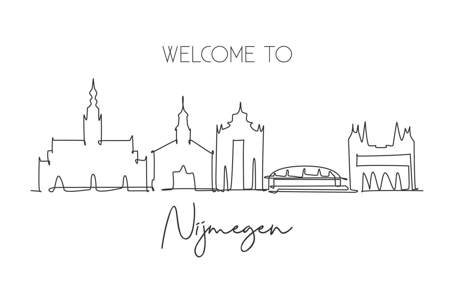 unico disegno a linea continua dello skyline della città di nijmegen, paesi bassi. famoso grattacielo e cartolina del paesaggio. concetto di poster per la decorazione della parete di viaggio nel mondo. illustrazione vettoriale moderna di disegno di una linea