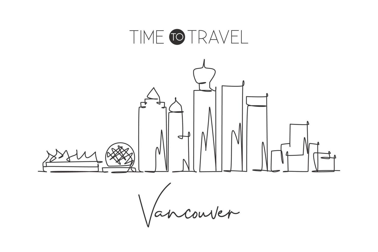 un disegno a linea singola skyline della città di vancouver, canada. stampa di poster per la decorazione della casa del paesaggio della città storica del mondo. migliore destinazione per le vacanze. illustrazione vettoriale di disegno di linea continua alla moda