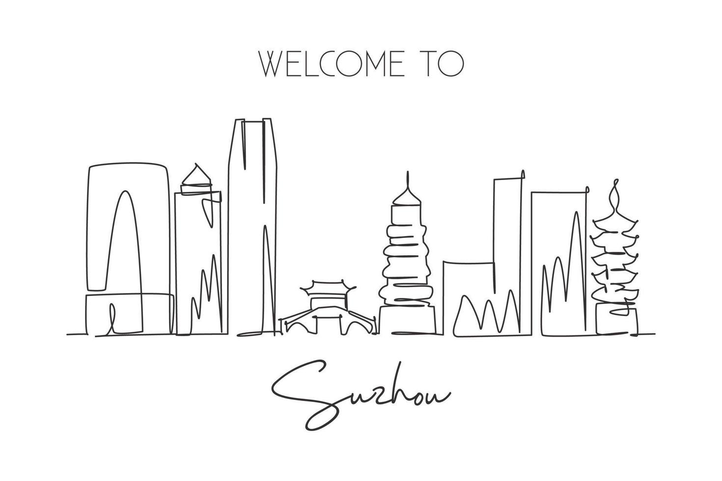 unico disegno a linea continua dello skyline della città di suzhou, in cina. famoso raschietto della città e poster per la decorazione della parete del paesaggio. concetto di viaggio nel mondo. tratto modificabile moderno disegno di una linea illustrazione vettoriale