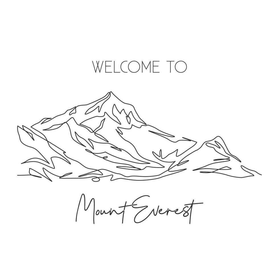 una linea singola che disegna il punto di riferimento dell'Everest del monte himalaya. luogo di fama mondiale in nepal. concetto di arte del manifesto della decorazione della parete della casa della cartolina di viaggio di turismo. illustrazione vettoriale moderna di disegno a linea continua