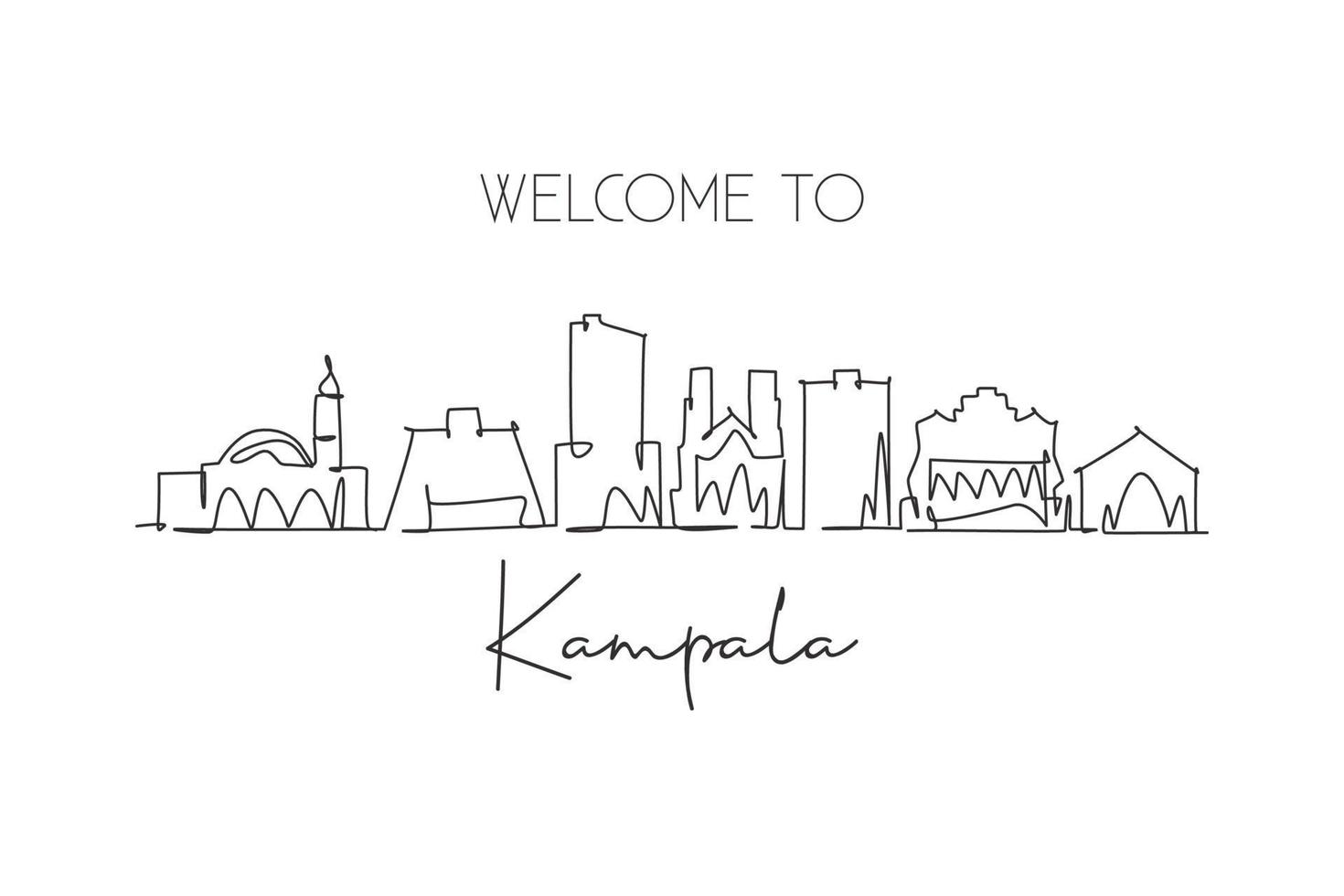 skyline della città di kampala, uganda, disegno a linea continua singola. famoso raschietto della città e paesaggio. concetto di viaggio nel mondo decorazione della parete di casa poster stampa art. illustrazione vettoriale moderna di disegno di una linea