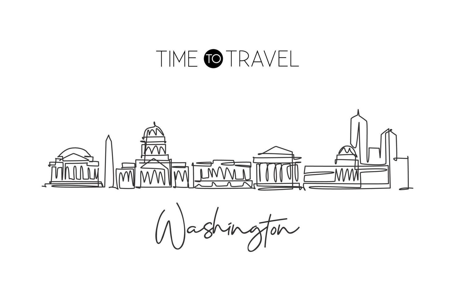 un disegno a linea singola dello skyline di Washington City, Stati Uniti d'America. paesaggio storico nel mondo. migliore destinazione per le vacanze. illustrazione vettoriale di disegno a linea continua con tratto modificabile