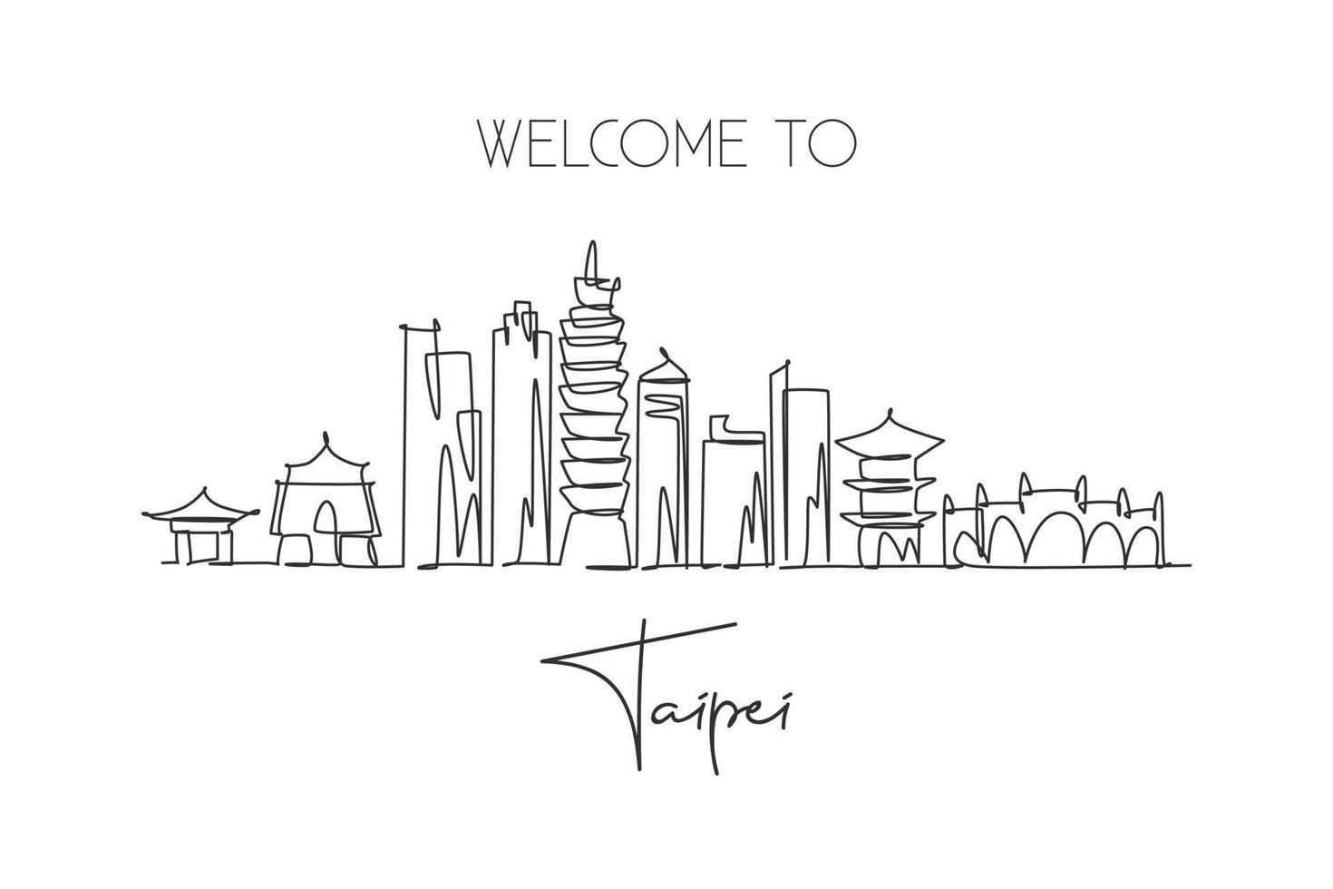 un disegno a linea continua dello skyline della città di taipei, taiwan. bellissimo punto di riferimento. turismo paesaggistico mondiale e vacanze di viaggio. illustrazione grafica vettoriale di disegno a linea singola con tratto elegante modificabile