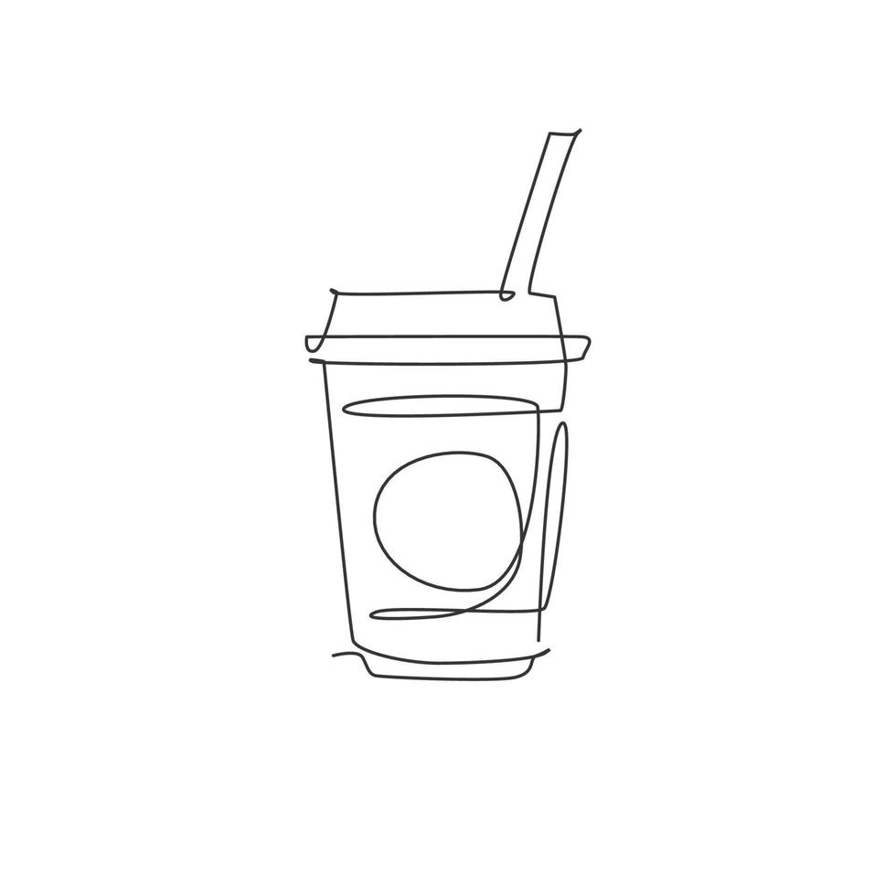 un disegno a linea singola di una bevanda analcolica fresca su un'illustrazione grafica vettoriale del logo in vetro di plastica. menu del caffè e concetto di arte del distintivo del ristorante. logotipo di cibo di strada di design moderno a linea continua