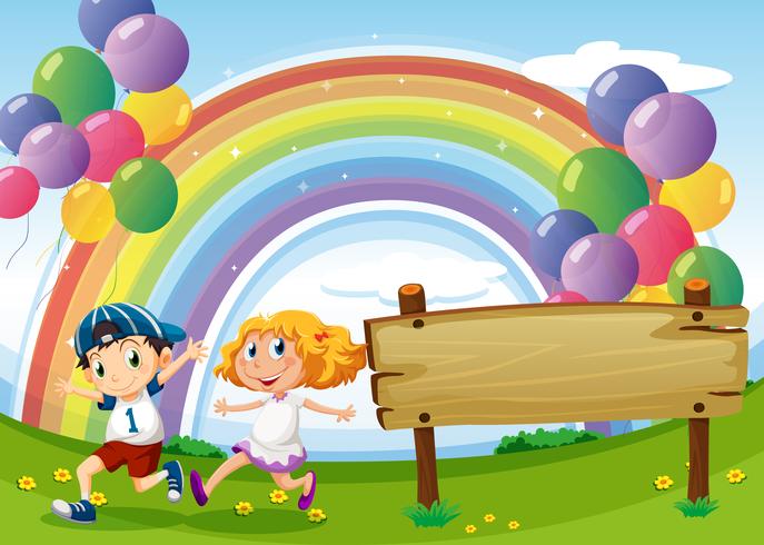 Una tavola vuota e due bambini che giocano sotto i palloni galleggianti e l&#39;arcobaleno vettore