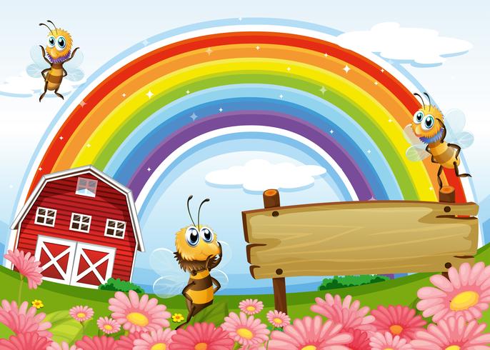 Un&#39;insegna vuota alla sommità con un barnhouse e un arcobaleno vettore