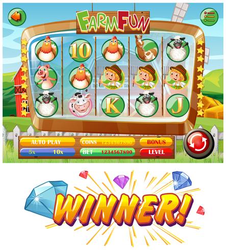 Modello di slot con personaggi di animali della fattoria vettore