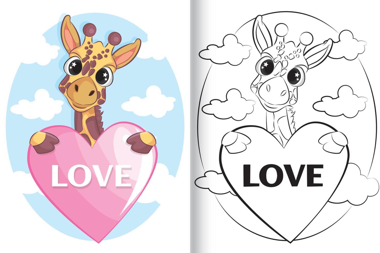 simpatica giraffa con amore. libro da colorare per bambini in bianco e nero. vettore