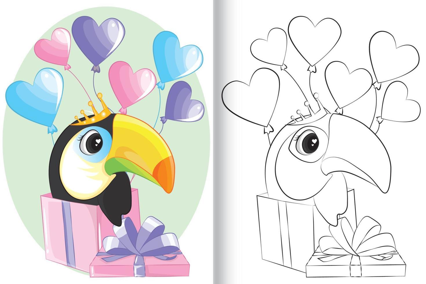 libro da colorare di simpatico tucano con palloncini in confezione regalo. illustrazione di un uccello con cuori. vettore