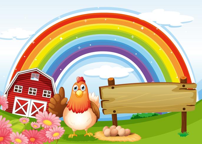 Una gallina accanto al tabellone vuoto della fattoria con un arcobaleno vettore