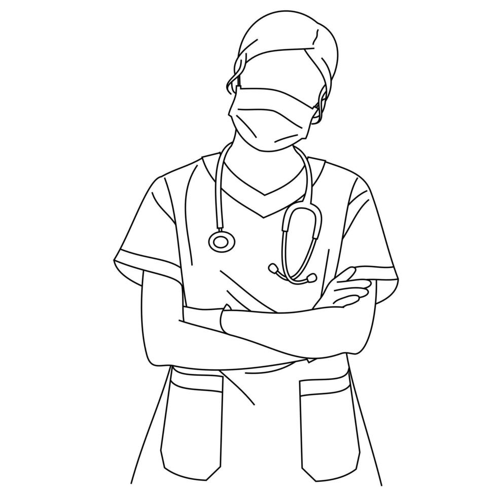illustrazione del disegno a tratteggio di un bel giovane chirurgo o infermiera medica in posa indossando uniforme scrub con le braccia conserte o incrociate e uno stetoscopio. un ritratto di una dottoressa con un fonendoscopio vettore
