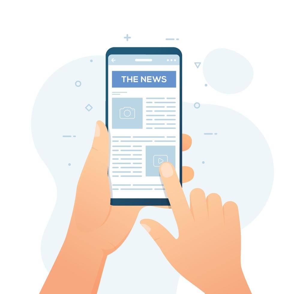 mano che tiene smartphone leggendo le notizie sull'illustrazione vettoriale dell'app mobile