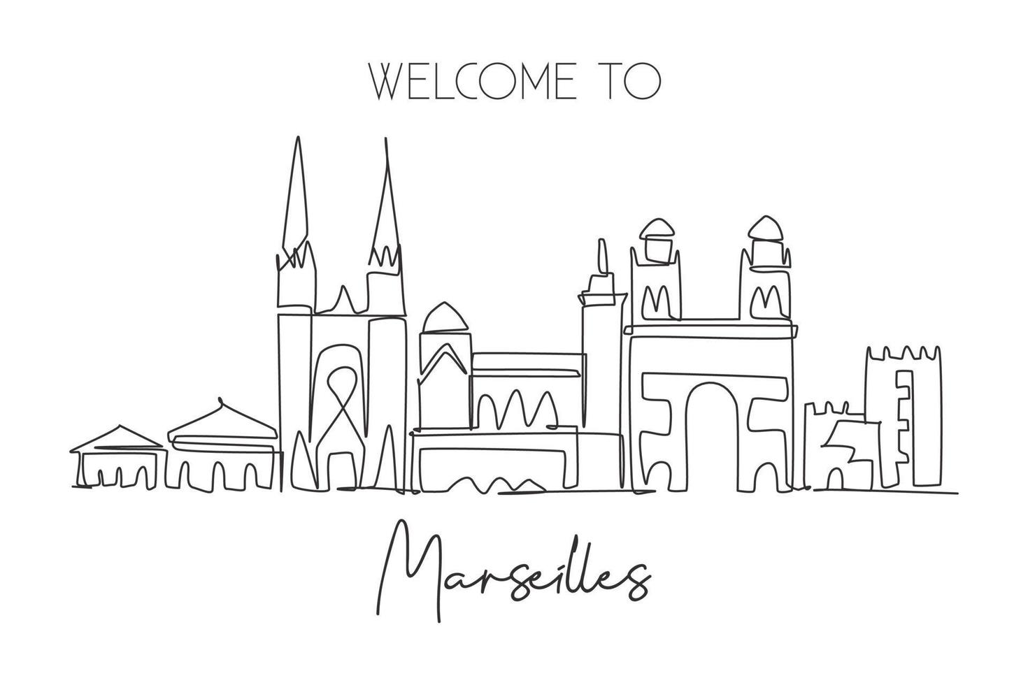 un disegno a linea singola skyline della città di marsiglia, francia. paesaggio storico del grattacielo nel mondo. poster per la decorazione della parete della migliore destinazione per le vacanze. illustrazione vettoriale di disegno di linea continua alla moda