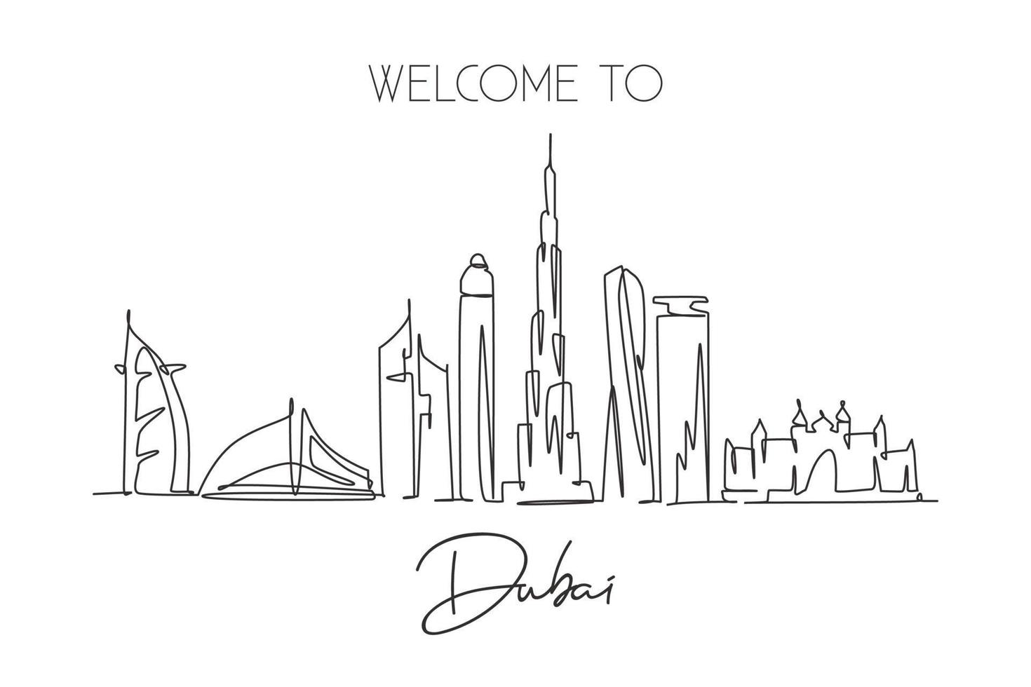 un disegno a linea continua dello skyline della città di dubai emirati arabi uniti. bellissimo punto di riferimento della città. turismo paesaggistico mondiale e viaggi. illustrazione vettoriale di disegno a linea singola con tratto elegante modificabile