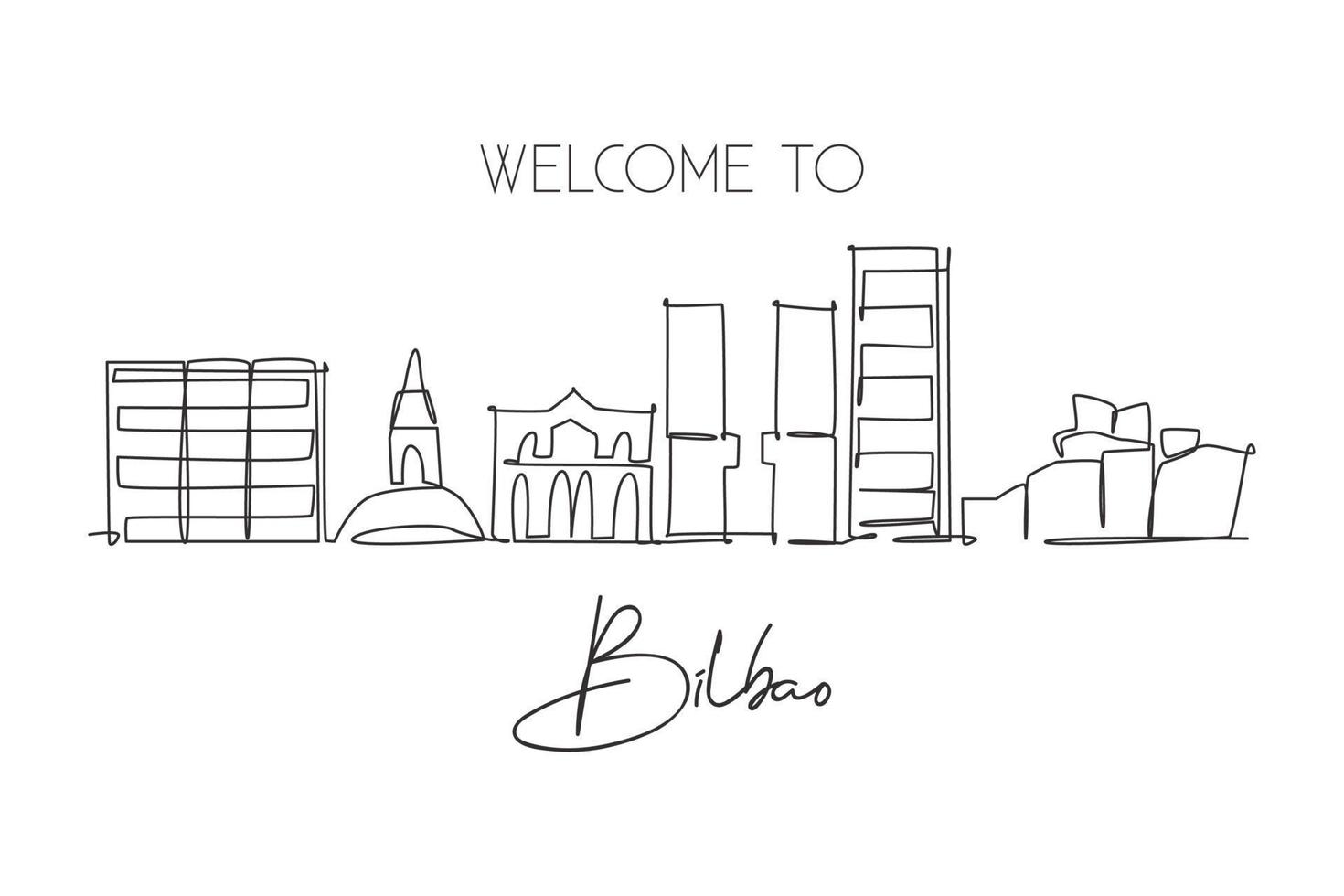 unico disegno a linea continua dello skyline della città di bilbao, francia. cartolina del famoso paesaggio del grattacielo. concetto di stampa del poster della decorazione della parete di casa di viaggio nel mondo. illustrazione vettoriale moderna di disegno di una linea