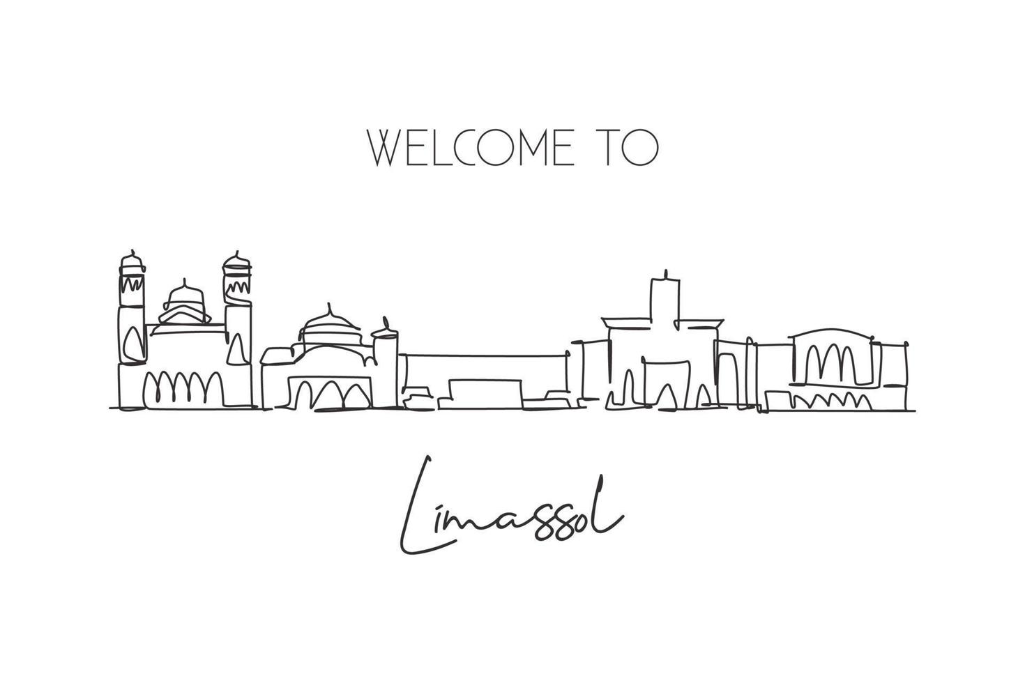 una linea continua che disegna lo skyline della città di limassol, cipro. bella cartolina del punto di riferimento. turismo paesaggistico mondiale e vacanze di viaggio. illustrazione vettoriale di disegno a linea singola con tratto elegante modificabile