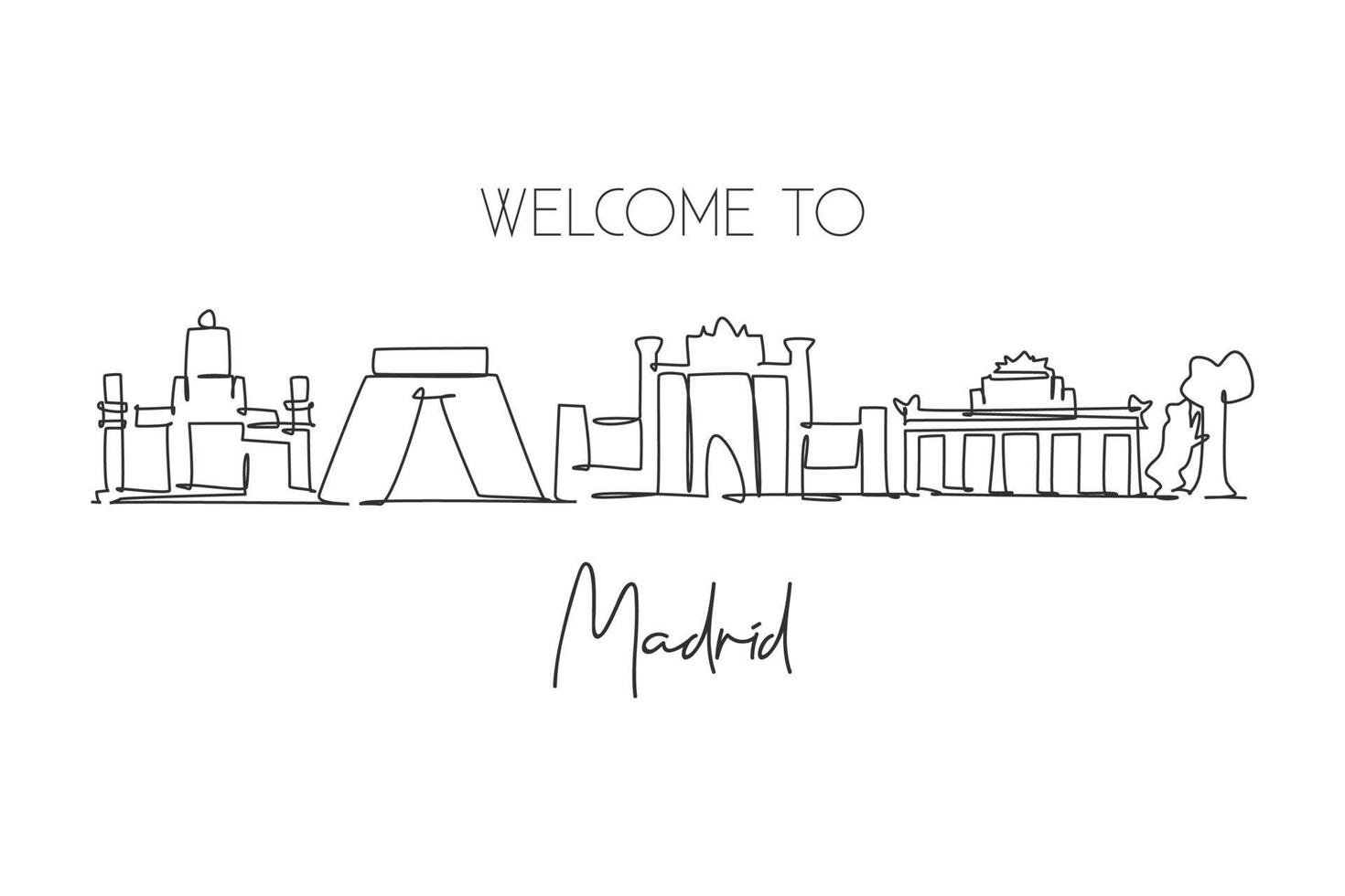 un disegno a linea continua dello skyline della città di madrid, in spagna. bellissimo grattacielo. concetto del manifesto della decorazione della parete di vacanza di viaggio di turismo del paesaggio del mondo. elegante illustrazione vettoriale di disegno a linea singola