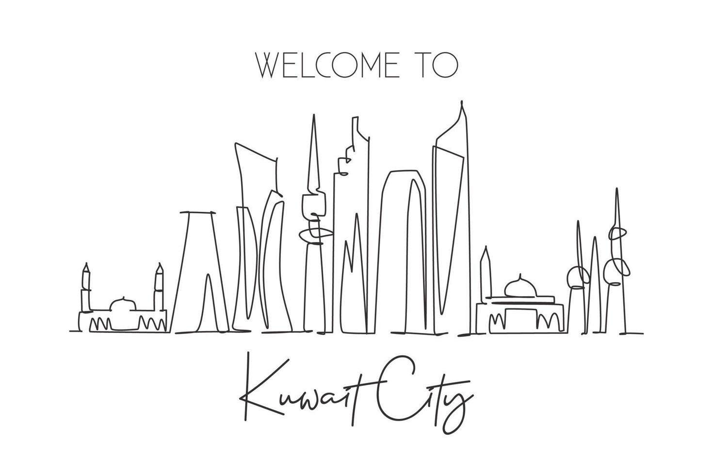 unico disegno a linea continua dello skyline della città del kuwait in medio oriente. famoso raschietto della città e stampa poster da parete per la decorazione della casa del paesaggio. concetto di viaggio nel mondo. illustrazione vettoriale moderna di disegno di una linea