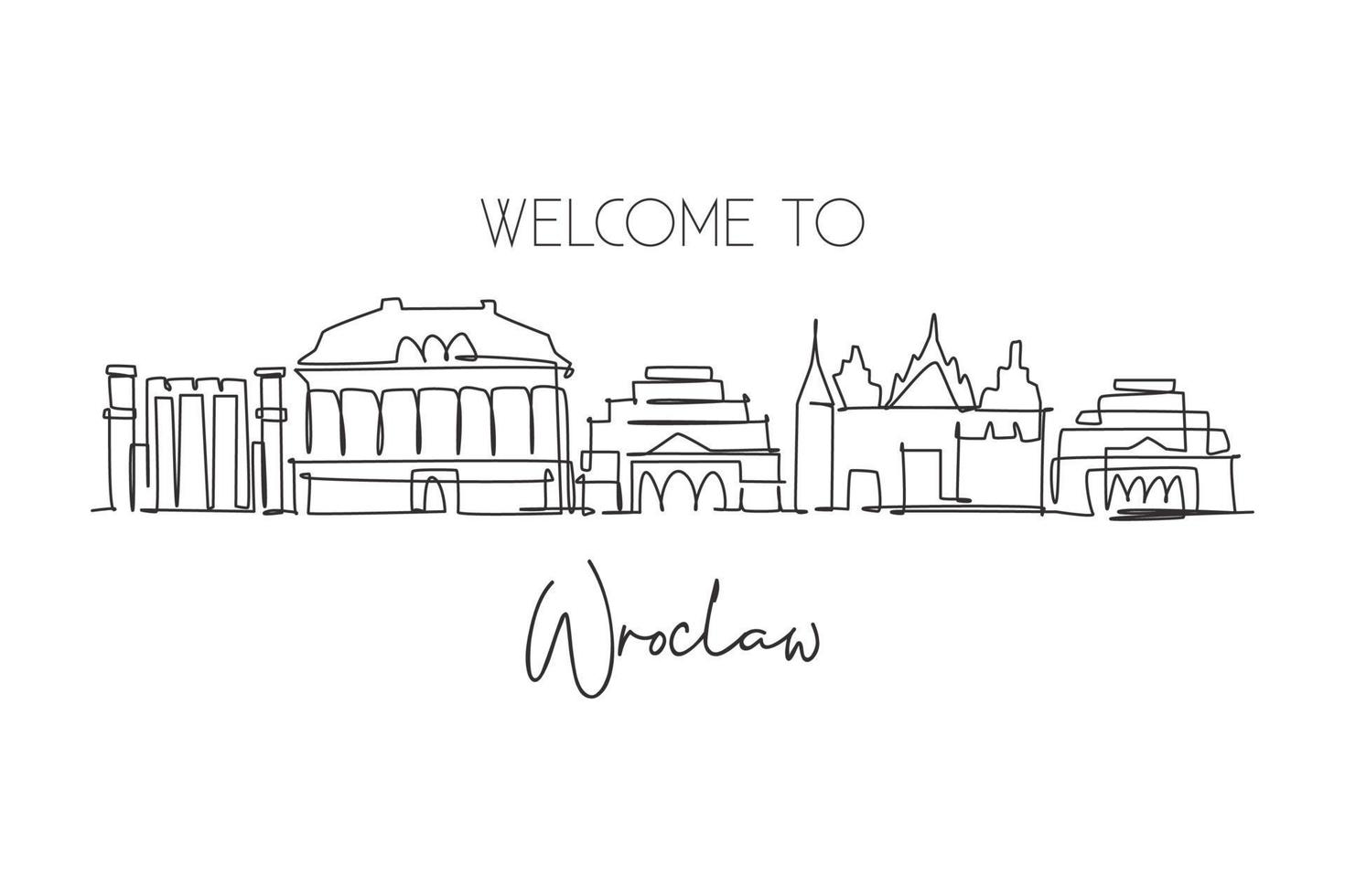 un disegno a linea continua dello skyline della città di wroclaw in polonia. bellissimo grattacielo. concetto del manifesto della decorazione della parete di vacanza di viaggio di turismo del paesaggio del mondo. elegante illustrazione vettoriale di disegno a linea singola