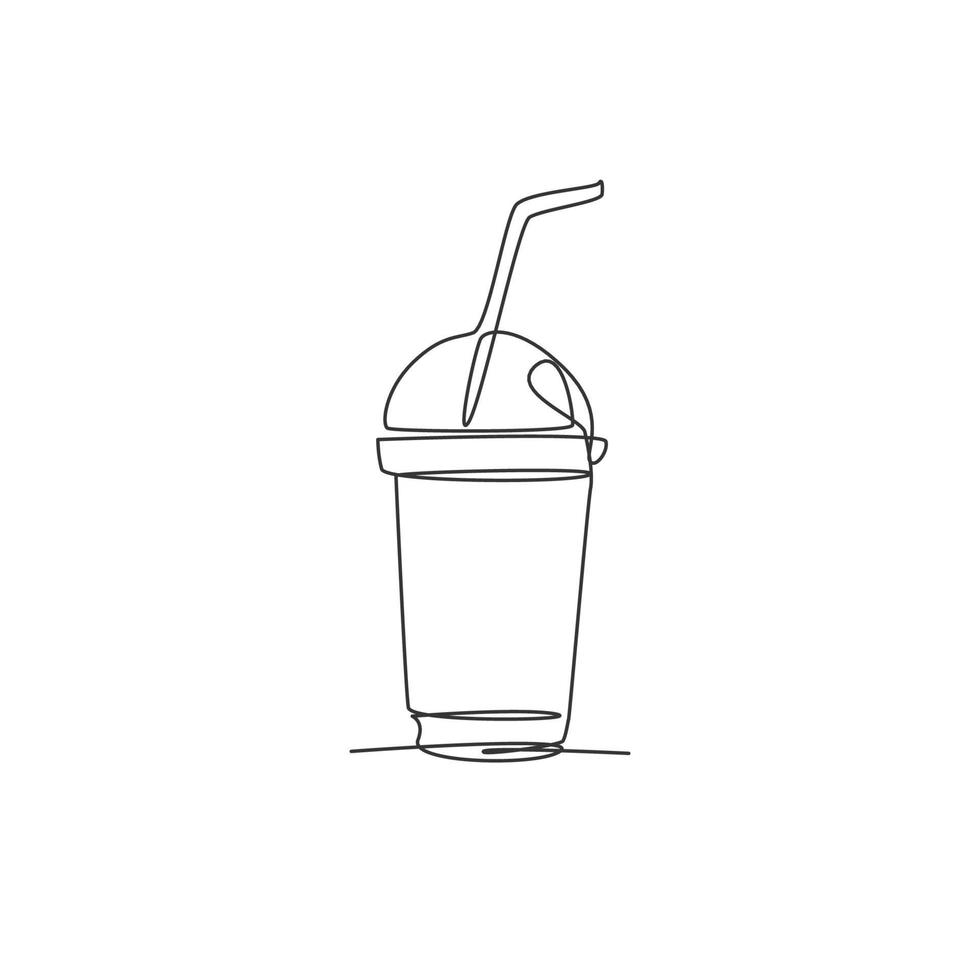 un disegno a linea continua di una bevanda analcolica dolce e deliziosa fresca sull'emblema del logo della tazza di plastica. concetto di modello di logotipo negozio di caffè bevanda zuccherata. illustrazione vettoriale moderna con disegno a linea singola
