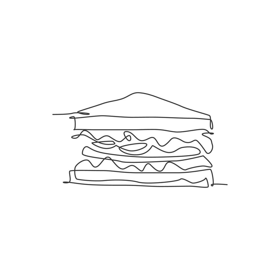disegno a linea continua singola dell'etichetta con logo sandwich stilizzato. emblema fast food hot dog ristorante concetto. illustrazione vettoriale moderna con disegno a una linea per servizio di consegna di bar, negozi o cibo