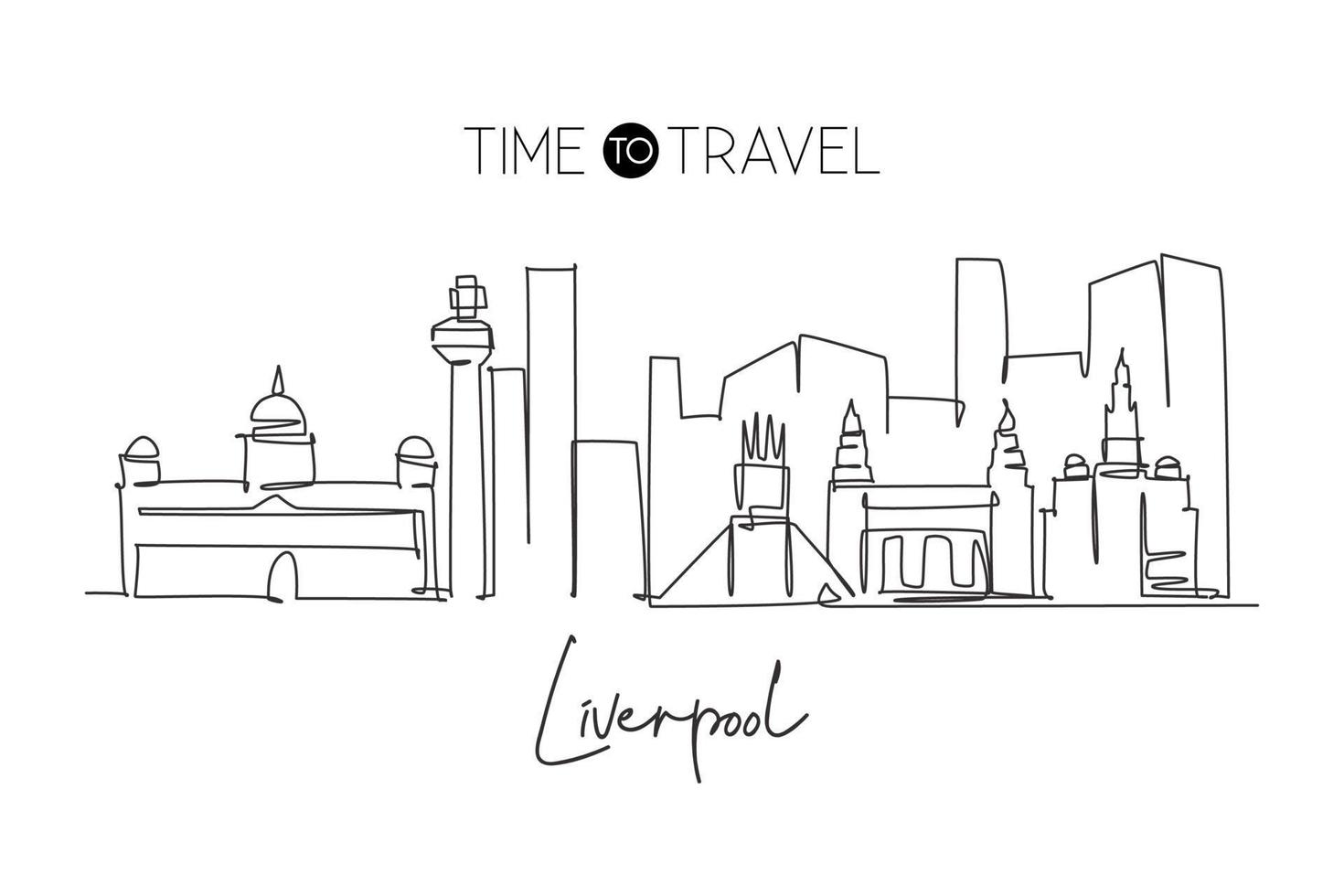 un disegno a linea continua dello skyline della città di Liverpool. bellissimo grattacielo della città del Merseyside. concetto di decorazione della parete della casa di vacanza di viaggio di turismo del paesaggio del mondo. illustrazione vettoriale di disegno a linea singola