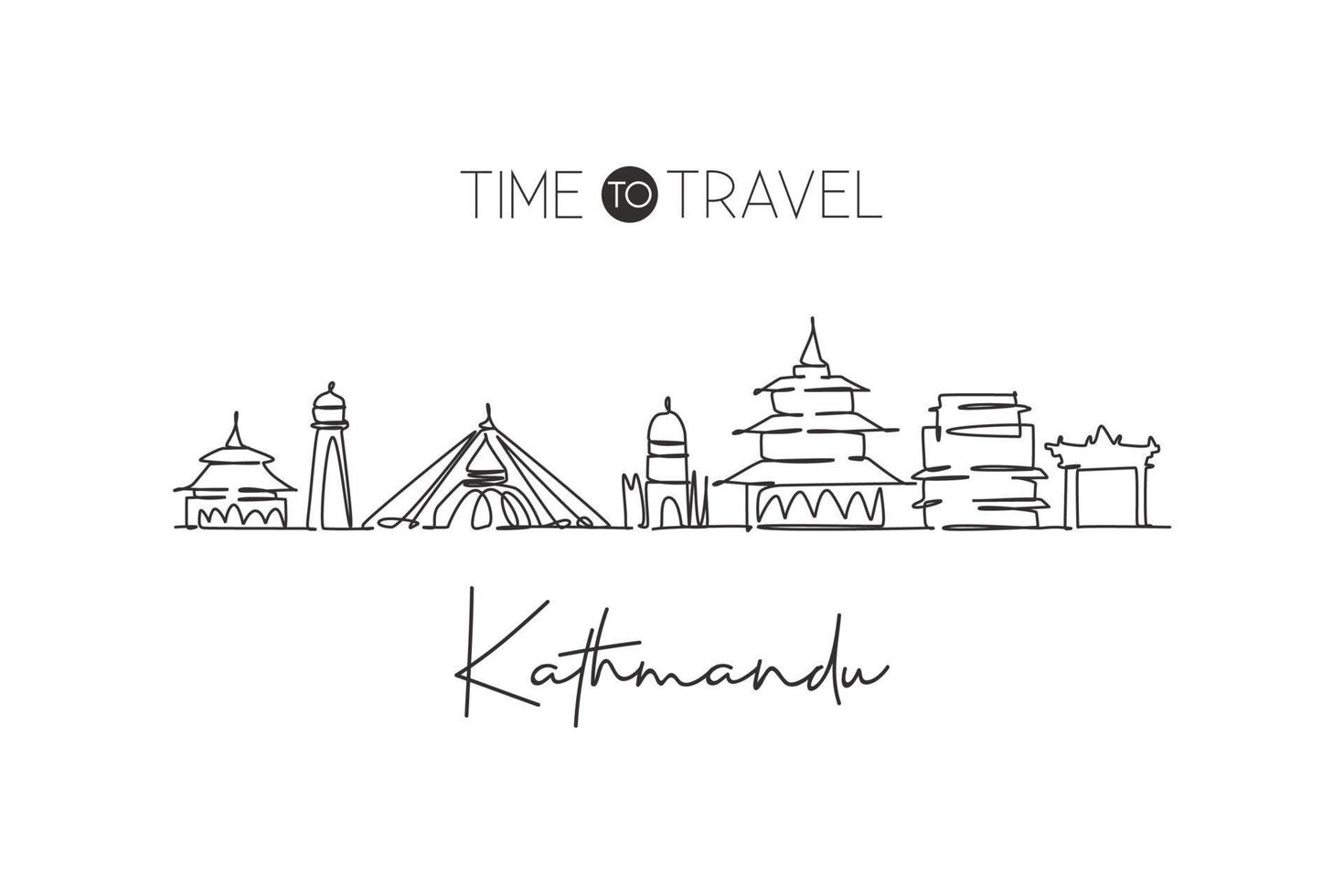 disegno a linea continua singola skyline di kathmandu, nepal. stampa poster della decorazione della parete della casa del paesaggio del famoso raschietto della città. concetto di destinazione di viaggio nel mondo. illustrazione vettoriale moderna di disegno di una linea