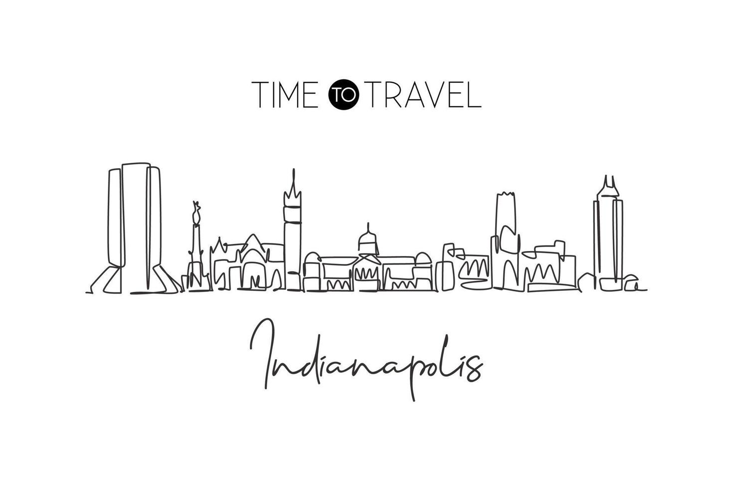 disegno a linea continua singola dello skyline della città di indianapolis, usa. famoso raschietto della città e paesaggio. stampa del poster della decorazione della parete della casa del concetto di viaggio nel mondo. illustrazione vettoriale moderna di disegno di una linea