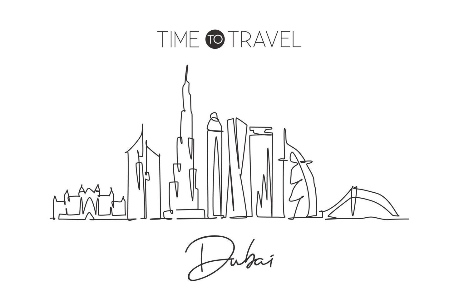 unico disegno a linea continua dello skyline della città di dubai, emirati arabi uniti. stampa di poster di arte della decorazione della parete del paesaggio della città famosa. concetto di viaggio nel mondo. illustrazione vettoriale moderna di disegno di una linea