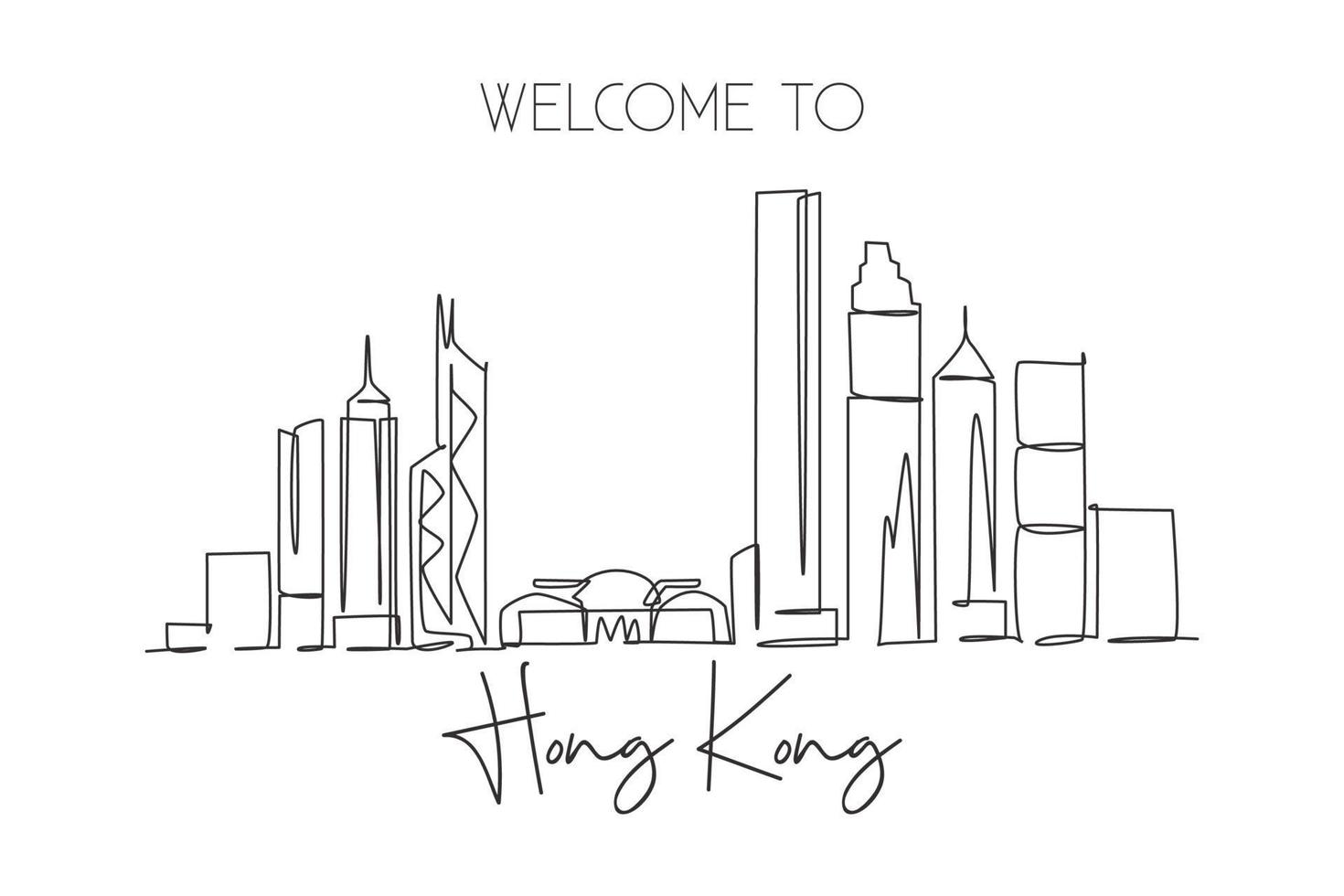 un disegno a linea singola dell'orizzonte della città di hong kong, cina. stampa di poster di arte della decorazione della parete di casa del paesaggio della città storica. migliore destinazione per le vacanze. illustrazione vettoriale di disegno di linea continua alla moda