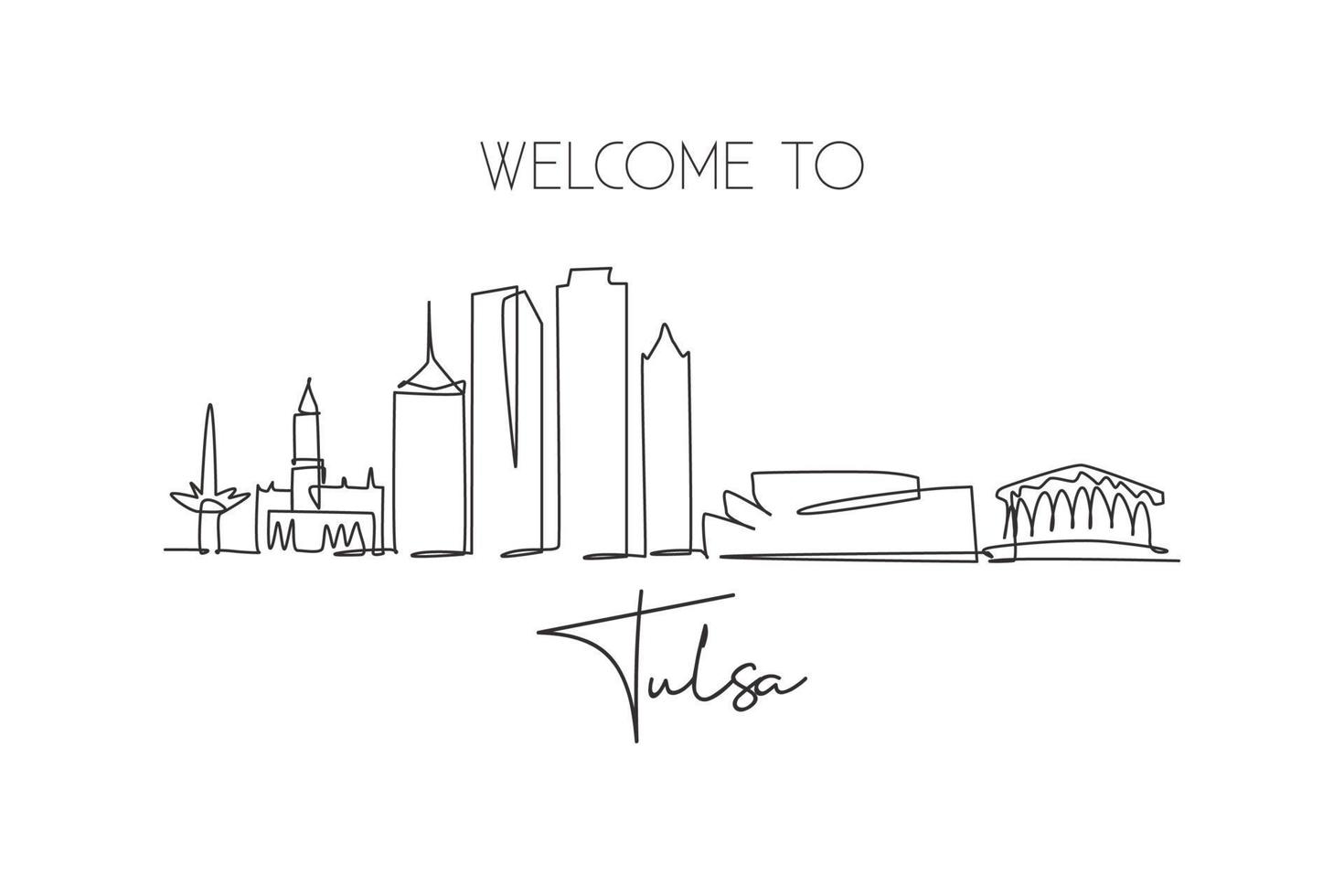 disegno a linea continua singola skyline della città di tulsa, oklahoma. famoso raschietto della città e paesaggio. poster di arte della decorazione della parete della casa di concetto di viaggio nel mondo. illustrazione vettoriale moderna di disegno di una linea