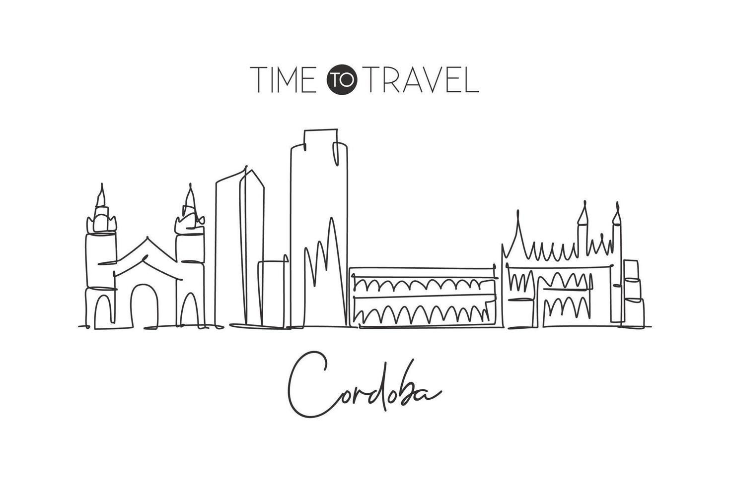 unico disegno a linea continua dello skyline della città di cordoba, argentina. famosa città raschietto paesaggio cartolina stampa art. concetto di destinazione di viaggio nel mondo. illustrazione vettoriale moderna di disegno di una linea