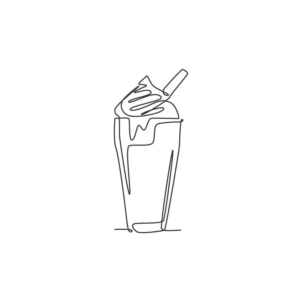 un disegno a linea singola di frullato fresco con panna montata e wafer stick logo illustrazione vettoriale. concetto del distintivo del ristorante del menu della bevanda del caffè. logotipo per bere design moderno a linea continua vettore