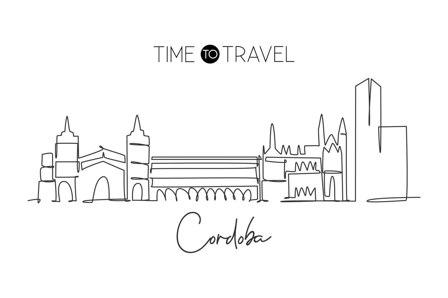 unico disegno a linea continua dello skyline della città di cordoba, spagna. famoso grattacielo e cartolina del paesaggio. concetto di stampa del poster della decorazione della parete di viaggio nel mondo. illustrazione vettoriale moderna di disegno di una linea