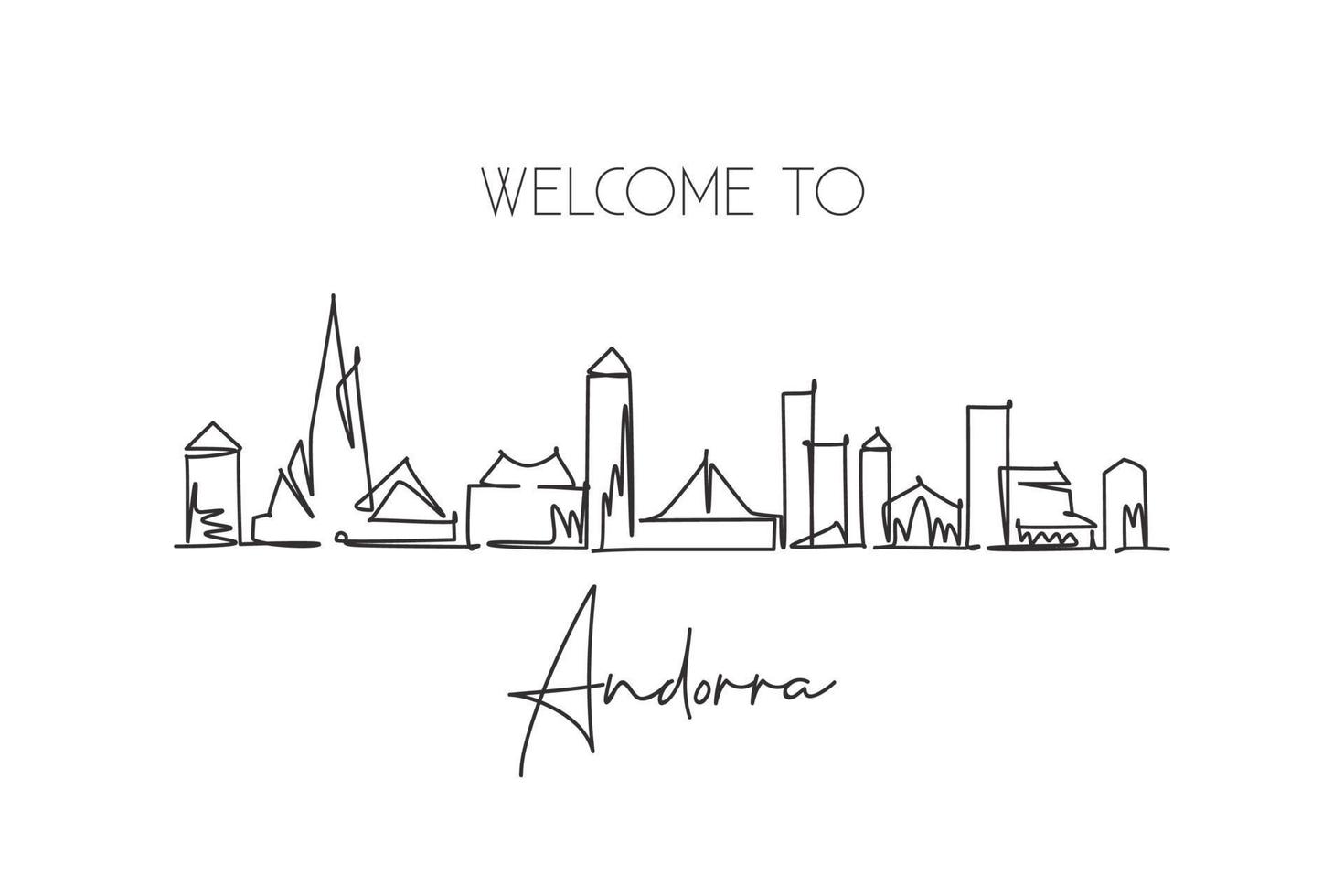 un disegno a linea singola dello skyline della città di andorra la vella. paesaggio storico mondiale della città. cartolina di destinazione per le vacanze del posto migliore. illustrazione di arte vettoriale di disegno di disegno di linea continua con tratto modificabile