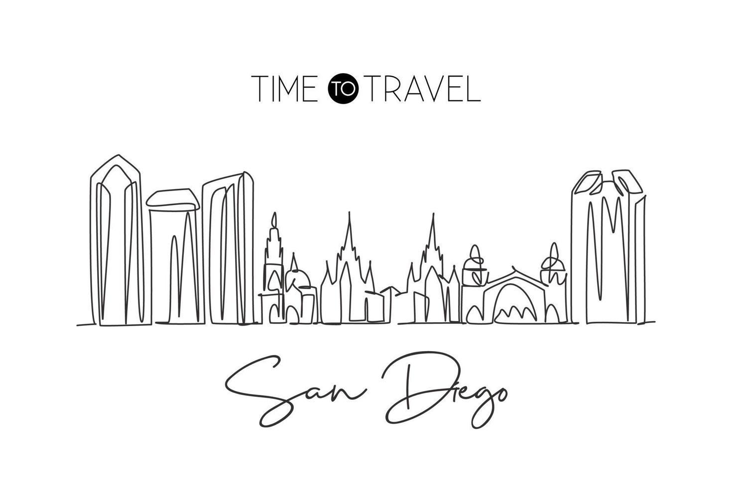 un disegno a linea singola dello skyline di san diego, stati uniti. paesaggio storico nel mondo. miglior poster di destinazione per le vacanze. tratto modificabile illustrazione vettoriale di disegno a linea continua alla moda