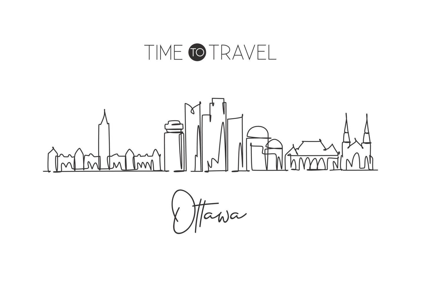 Un unico disegno a tratteggio dello skyline della città di Ottawa in Canada. stampa di poster da parete per la decorazione della casa del paesaggio della città storica del mondo. miglior posto per le vacanze. illustrazione vettoriale di disegno di linea continua alla moda