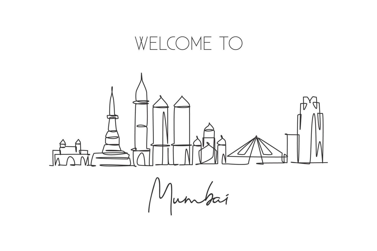 una linea continua che disegna lo skyline della città di mumbai, india. stampa del manifesto di arte della parete della decorazione della casa del punto di riferimento della città bella. vacanza di viaggio del turismo paesaggistico mondiale. illustrazione vettoriale di disegno a linea singola