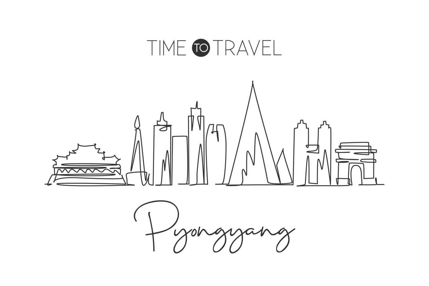 un disegno a linea continua dello skyline della città di pyongyang, corea del nord. bellissimo punto di riferimento. turismo paesaggistico mondiale e vacanze di viaggio. illustrazione vettoriale di disegno a linea singola con tratto elegante modificabile