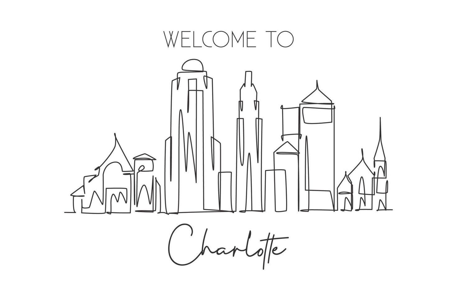 Un disegno a linea continua Charlotte City skyline stati uniti. bellissimo punto di riferimento. manifesto delle vacanze di viaggio del turismo del paesaggio mondiale. illustrazione vettoriale di disegno a linea singola con tratto elegante modificabile