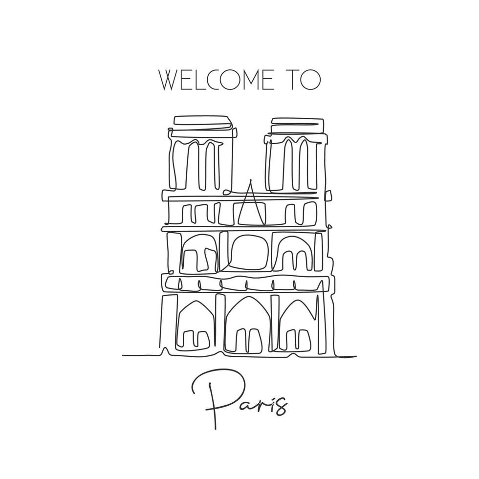 un unico punto di riferimento di notre-dame disegnando una linea. luogo famoso in tutto il mondo a parigi francia. turismo viaggio cartolina parete decorazioni per la casa poster stampa artistica. illustrazione vettoriale moderna di disegno a linea continua