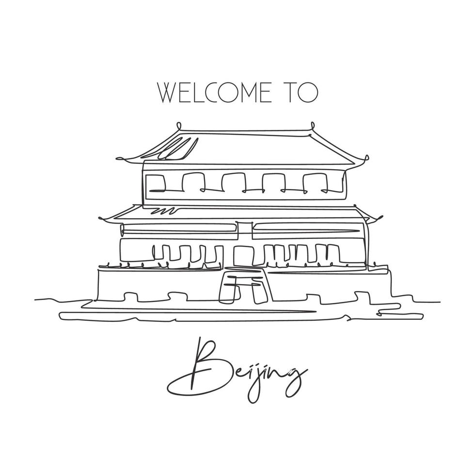 un punto di riferimento del palazzo della città proibita di disegno a linea continua. luogo iconico del mondo a Pechino, in Cina. stampa del poster della decorazione della parete della casa delle vacanze per le vacanze. illustrazione vettoriale moderna con disegno a linea singola