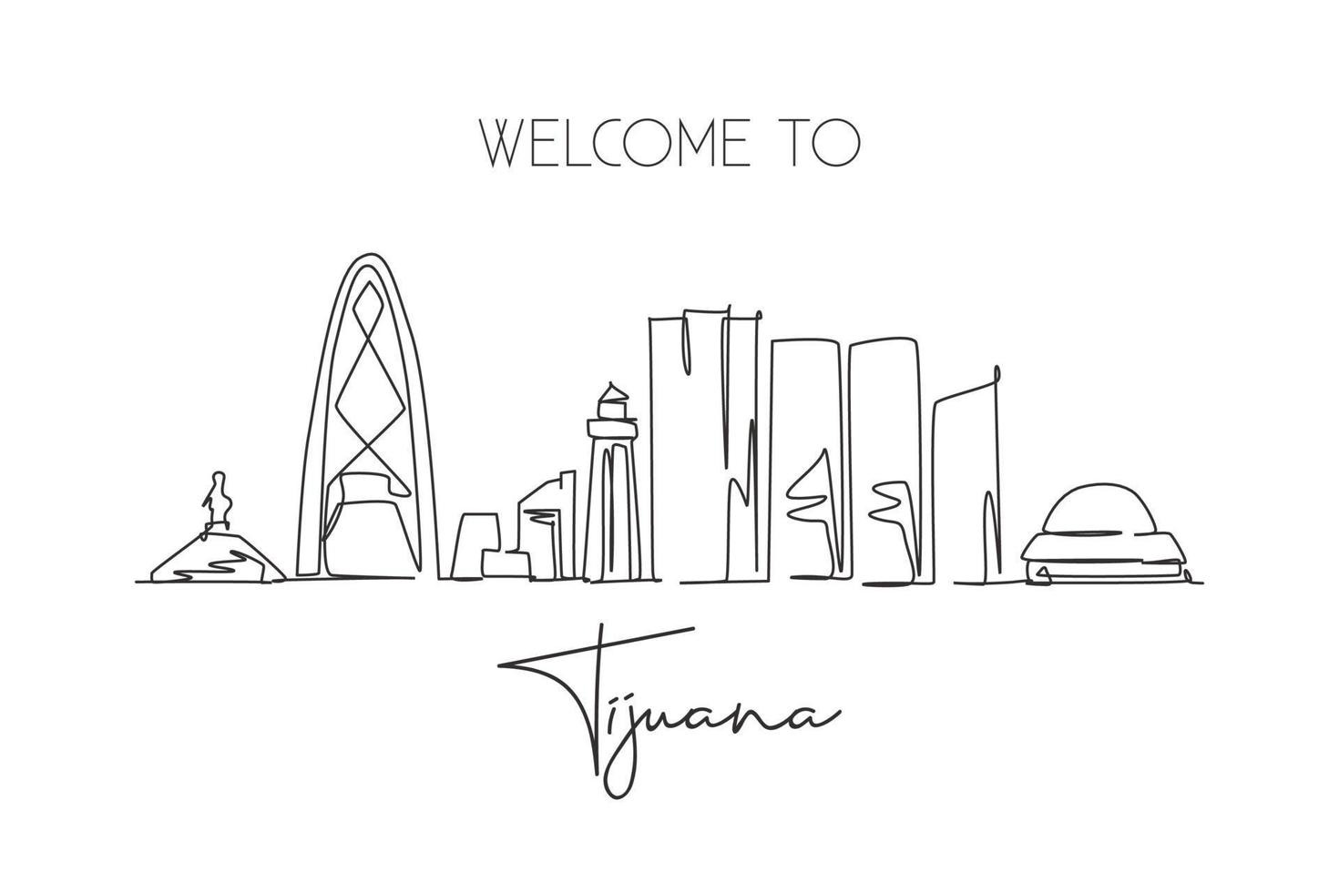 un disegno a linea continua dello skyline della città di tijuana, in messico. bella cartolina del punto di riferimento. turismo paesaggistico mondiale e vacanze di viaggio. illustrazione vettoriale di disegno a linea singola con tratto elegante modificabile