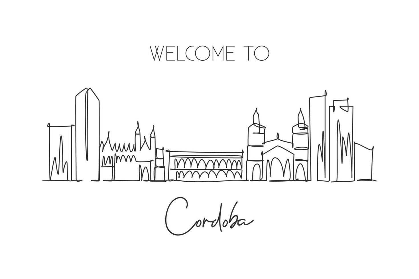 unico disegno a linea continua dello skyline della città di cordoba, argentina. famosa città raschietto paesaggio cartolina stampa art. concetto di destinazione di viaggio nel mondo. illustrazione vettoriale moderna di disegno di una linea